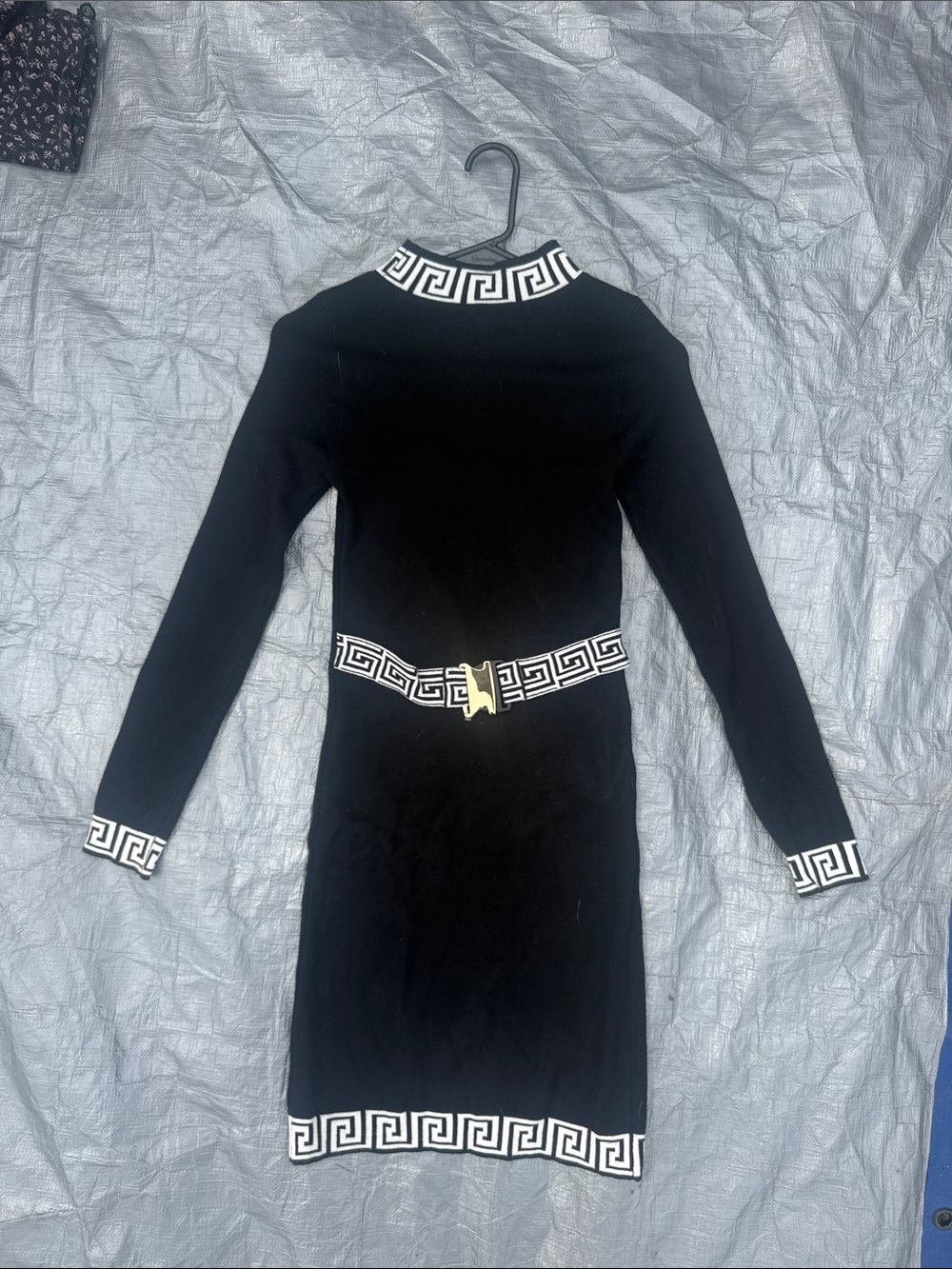 Black Long-Sleeve Knit Dress with White Greek Key Trim